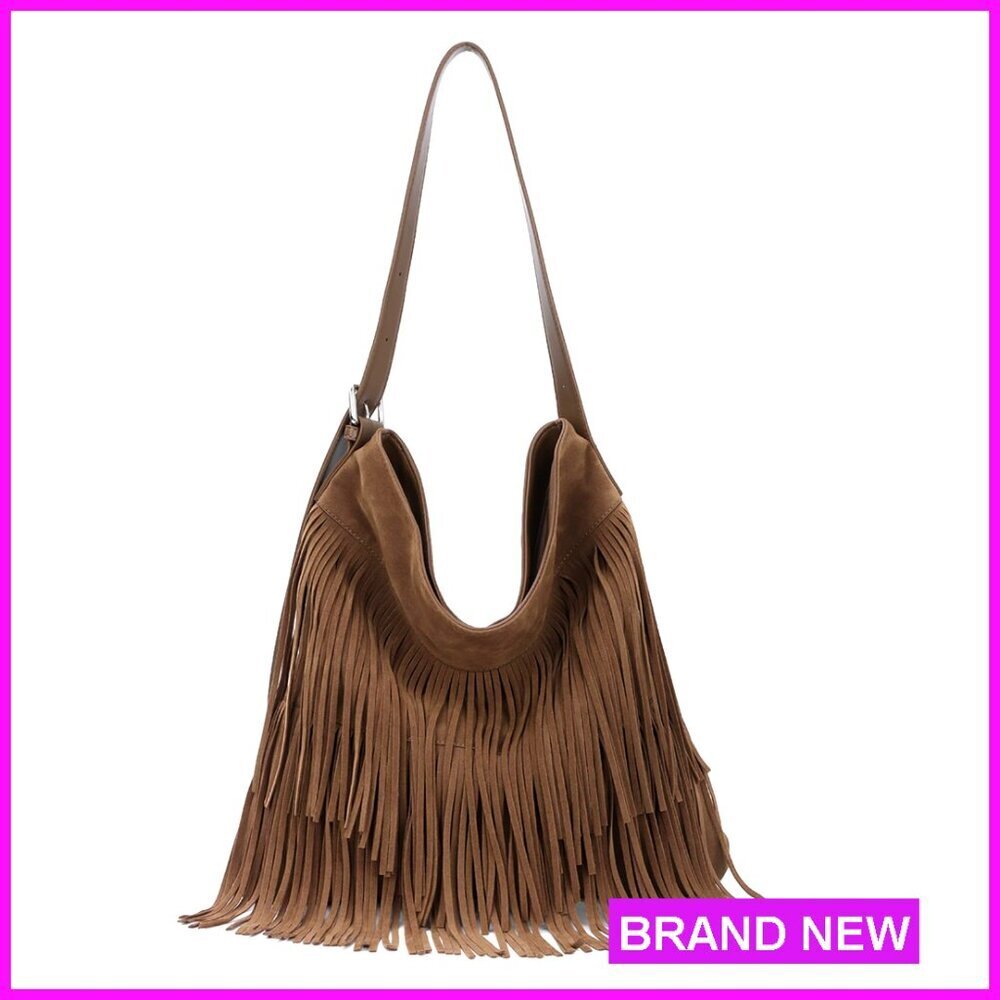 Fringe Hobo Bag Vegan Faux Suede Leather Tassel Shoulder Bag Adjustable Strap